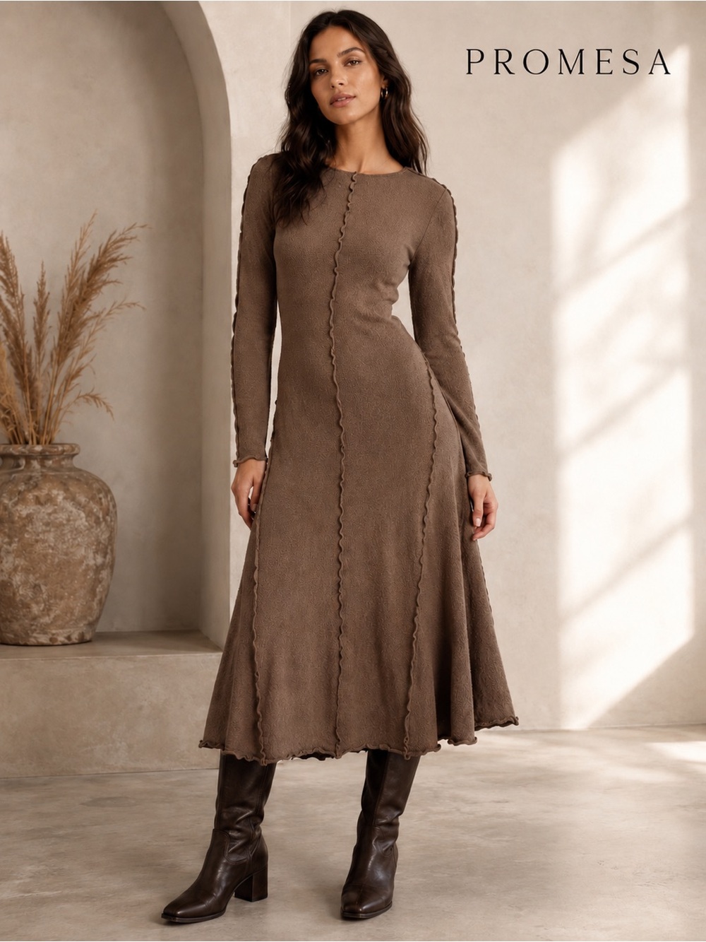 Promesa Earth Mother Espresso Exposed Seam Knit Midi Dress Brown Medium NWT